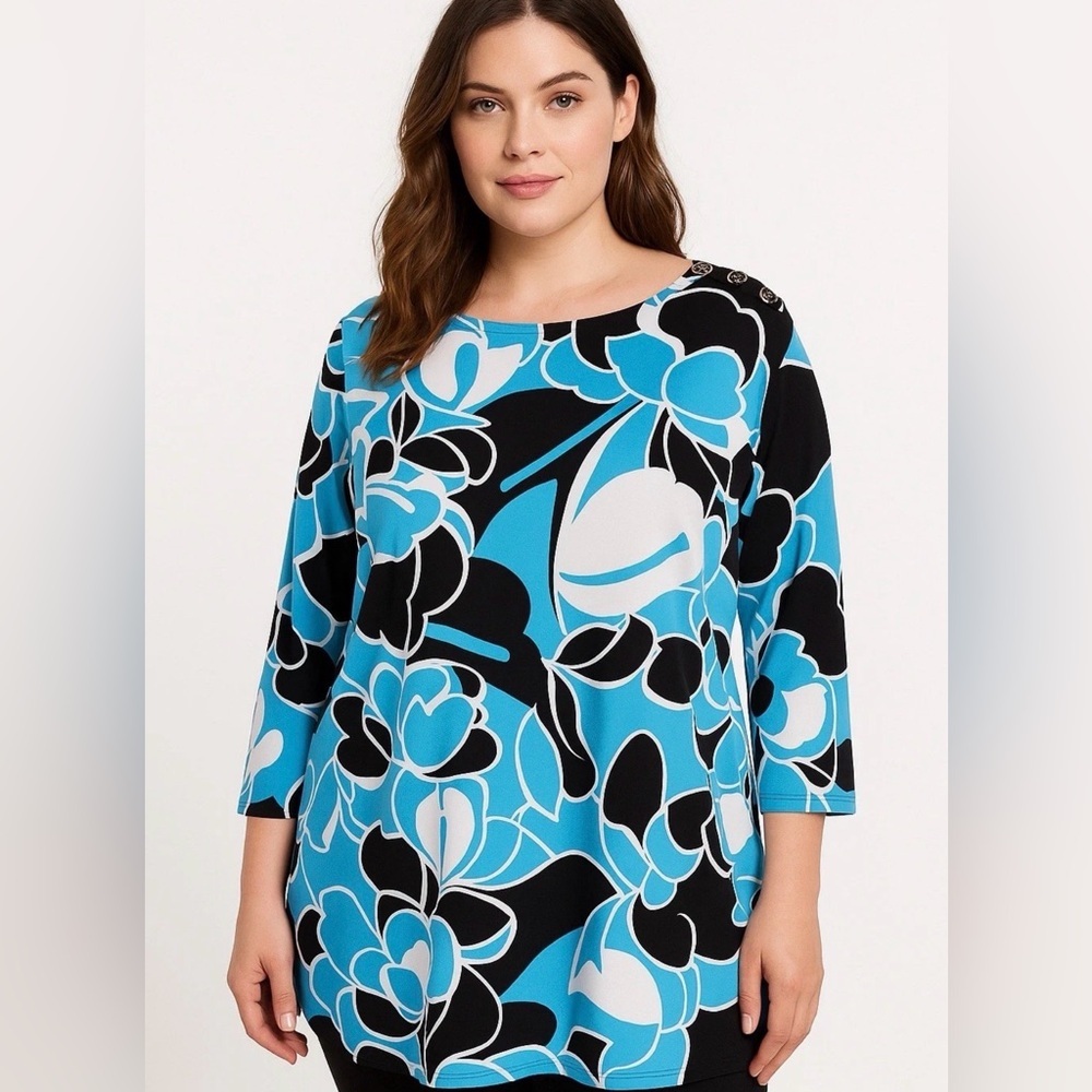Croft & Barrow Women's  Tunic Top PXL Blue Black Floral Print 3/4 Sleeve Casual